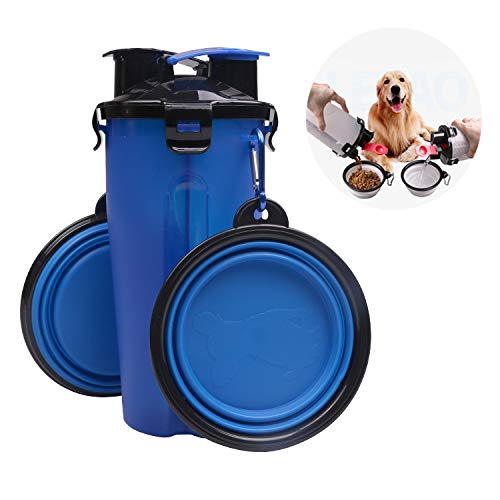 GZD 2 in 1 Hund Reise Essen Wasserflasche Schüssel, Portablepettravel Wasserflasche mit 2 zusammenklappbaren Schalen für Wandern Wandern Reise Camping,Blue von GZD
