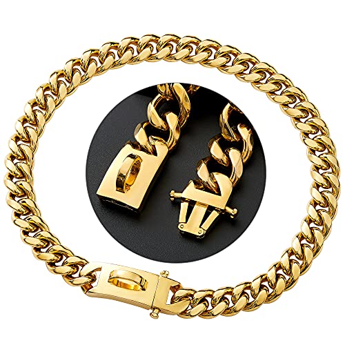 GZMZC Hundehalsband, 14 mm, Schnappverschluss, Miami Chian Edelstahl, 18 Karat Gold, Panzerkette, Hundehalskette, Haustier-Hundehalsband (25,4 cm) von GZMZC