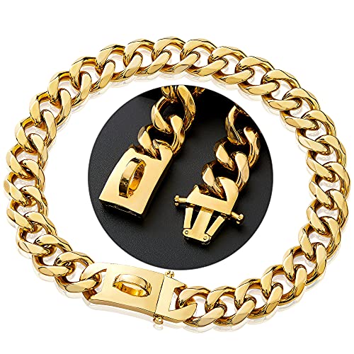 GZMZC Hundehalsband, 19 mm, Schnappverschluss, Chian-Edelstahl, 18 Karat Gold, Panzerkette, Hundehalskette, Haustier-Hundehalsband (35,6 cm) von GZMZC