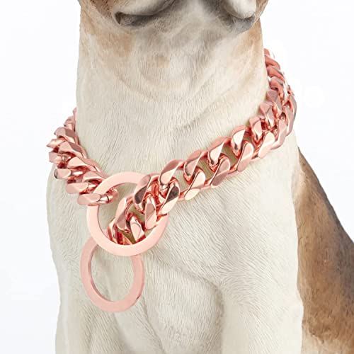 GZMZC Hundehalsband, Roségold, poliert, 19 mm, Edelstahl, kubanische Glieder, stark, robust, kaufest, für kleine, mittelgroße und große Hunde (19 mm, RG, 35,6 cm) von GZMZC