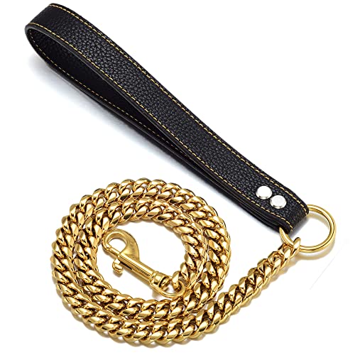 GZMZC Hundeleine, goldfarben, 14 mm, robuste Hundeleinenketten mit gepolstertem Ledergriff, für mittelgroße Hundehalsbänder (Gesamtlänge von 1,2 m) von GZMZC