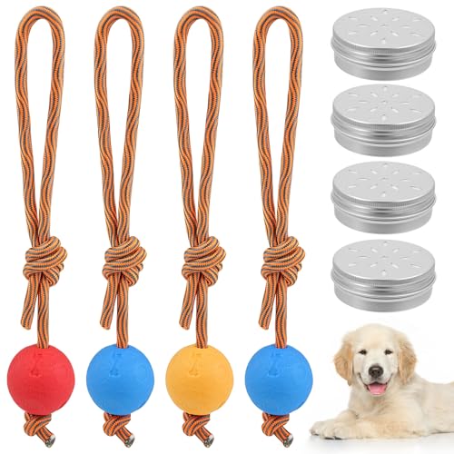 GZcaiyun Hundeball mit Schnur, 4 STK Hundespielzeug Ball mit Seil und 4 Geruchstrainingsbox, Wurfball Hund Weich und Elastisch, Extrem Weite Würfe (5cm, Rot,Blau,Gelb) von GZcaiyun