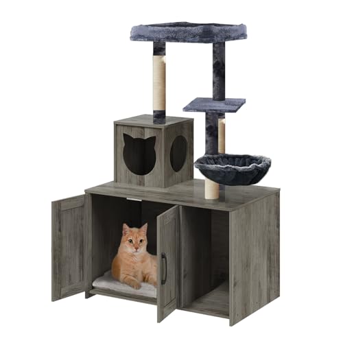 Katzenbaum mit Katzentoilette, Katzenklo aus Holz mit Futterstation, moderner Katzenturm für Innen, große Katzen mit großer Plattform, Katzenhaus mit Korb, Kratzstämme, Pompons, Grau Katzenbaum mit Katzentoilette, Katzenklo aus Holz mit Futterstation, moderner Katzenturm für Innen, große Katzen mit großer Plattform, Katzenhaus mit Korb, Kratzstämme, Pompons, Grau von Gaalloopyger