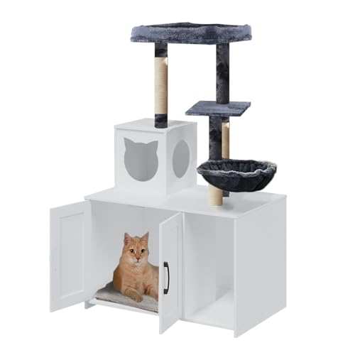 Katzenbaum mit Katzentoilette, Katzenklo aus Holz mit Futterstation, moderner Katzenturm für Innen, große Katzen mit großer Plattform, Katzenklo mit Korb, Kratzstämme, Pompons, Weiß Katzenbaum mit Katzentoilette, Katzenklo aus Holz mit Futterstation, moderner Katzenturm für Innen, große Katzen mit großer Plattform, Katzenklo mit Korb, Kratzstämme, Pompons, Weiß von Gaalloopyger