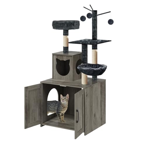 Katzenbaum mit Katzentoilette, Katzentoilettengehege aus Holz mit Futterstation, moderner Katzenturm für Innen, große Katzen mit großer Plattform, Katzenhaus mit Kratzbäumen, Hängematte, Höhlen, Korb, von Gaalloopyger