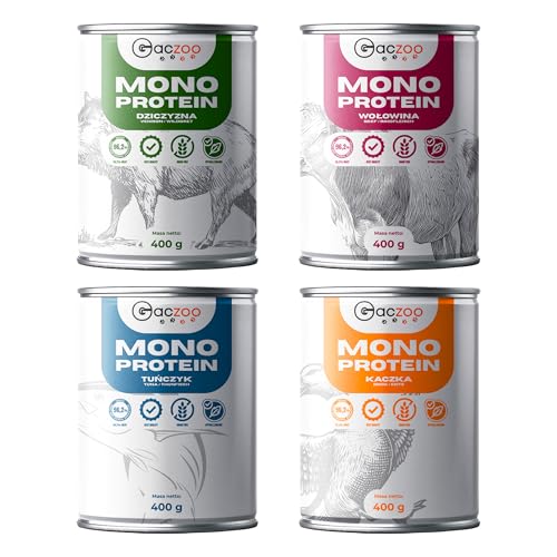 Gaczoo - Hundefutter Nass - Nassfutter für Hunde - 8er Set, 4 Geschmackssorten: Ente, Rindfleisch, Wildschwein, Thunfisch - Hoher Fleischanteil, Getreidefrei, ohne Künstliche Zusatzstoffe - 4 Stück von Gaczoo
