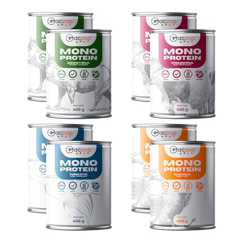 Gaczoo - Hundefutter Nass - Nassfutter für Hunde - 8er Set, 4 Geschmackssorten: Ente, Rindfleisch, Wildschwein, Thunfisch - Hoher Fleischanteil, Getreidefrei, ohne Künstliche Zusatzstoffe - 8 Stück von Gaczoo