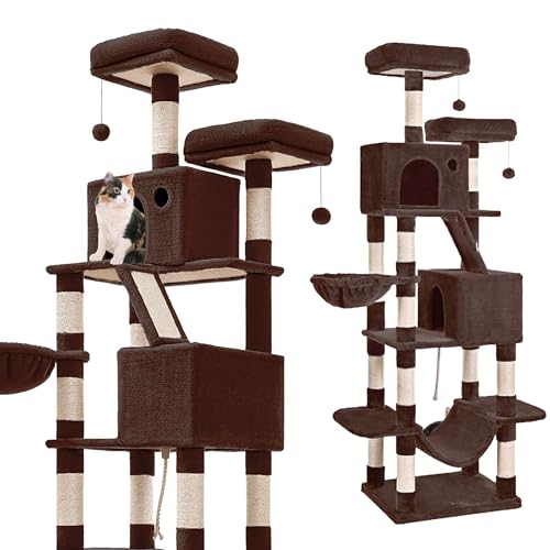 Gaczoo - Kratzbaum Groß - Katzenbaum - 60 x 50 x 206 cm - Katzenkratzbaum Hoch, Mehrstöckig, mit Höhlen, Liegeflächen & Kratzsäulen – Katzenturm für Spiel, Krallenpflege und Entspannung - Braun von Gaczoo