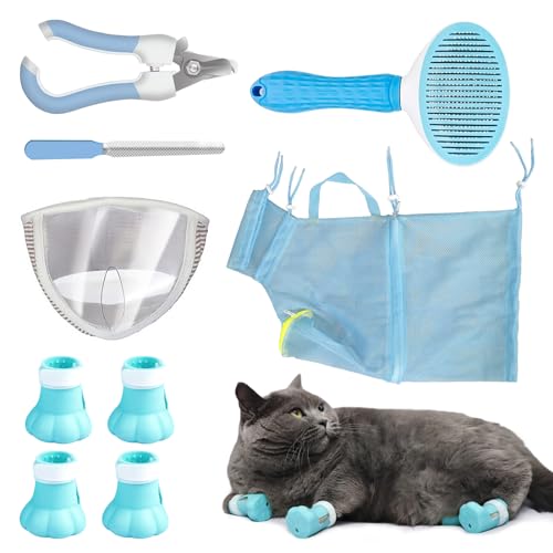 GajuSt 9-teiliges Katzenbadetaschen-Set, Katzen-Duschtasche, bissfest und kratzfest, Katzenpflegetasche für Haustiere, Waschbürste, Kamm, Katzenmaulkorb, Nagelknipser, Nagelfeile, Katzenstiefel für von GajuSt