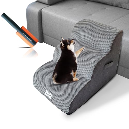 Galatée Hundetreppe, 3 Stufen Hundetreppe Für Kleine Hunde Mit Abnehmbarer Waschbarer Abdeckung, rutschfeste Tiertreppe Für Kleine Hunde Und Katzen, Senden Sie 1 PC-Fusselroller(Grau) von Galatée