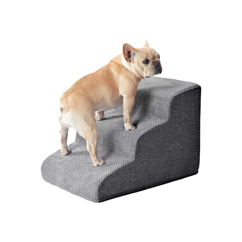 Galatée Hundetreppe, Haustiertreppenrampe Für Kleine Hunde, Hundetreppe Mit Abnehmbarem, Waschbarem Bezug, rutschfeste, Stabile Haustiertreppe Für Sofa, Bett und Auto(3-Schritt, Dunkelgrau) von Galatée