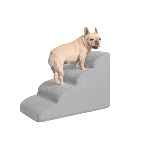 Galatée Hundetreppe, Haustiertreppenrampe Für Kleine Hunde, Hundetreppe Mit Abnehmbarem, Waschbarem Bezug, rutschfeste, Stabile Haustiertreppe Für Sofa, Bett und Auto(4-Schritt, Hellgrau) von Galatée