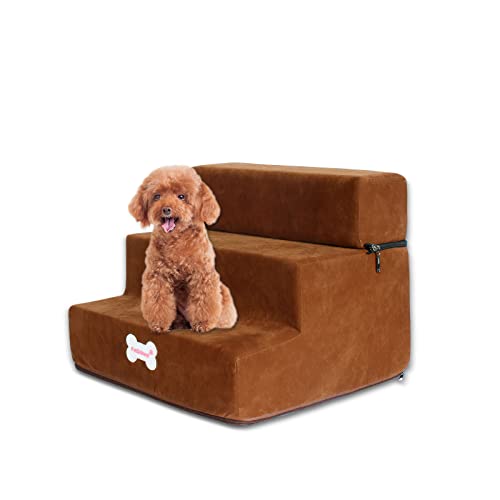 Galatée Hundetreppe, Waschbarer Bezug Mit Reißverschluss Abnehmbare 3-Stufige Haustiertreppe, Haustierrampe Aus Hochdichtem Schaumstoff, Schlafsofa Für Hunde(Hirschledersamtmaterial, Braun) von Galatée