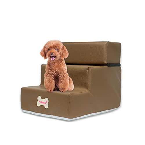 Galatée Hundetreppe, Waschbarer Bezug Mit Reißverschluss Abnehmbare 3-Stufige Haustiertreppe, Haustierrampe Aus Hochdichtem Schaumstoff, Schlafsofa Für Hunde(Ledermaterial, Khaki) von Galatée