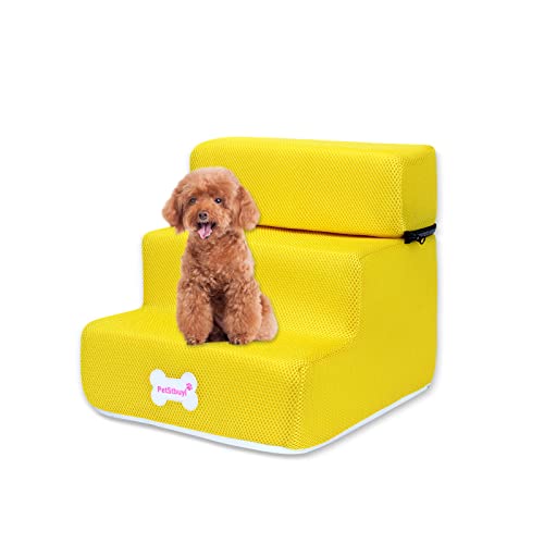 Galatée Hundetreppe, Waschbarer Bezug Mit Reißverschluss Abnehmbare 3-Stufige Haustiertreppe, Haustierrampe Aus Hochdichtem Schaumstoff, Schlafsofa Für Hunde(Netzmaterial, Gelb) von Galatée