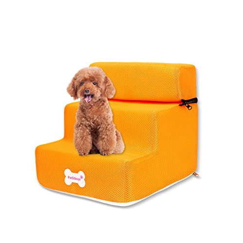 Galatée Hundetreppe, Waschbarer Bezug Mit Reißverschluss Abnehmbare 3-Stufige Haustiertreppe, Haustierrampe Aus Hochdichtem Schaumstoff, Schlafsofa Für Hunde(Netzmaterial, Orange) von Galatée