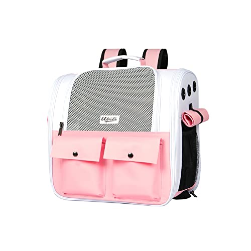 Galatée Katzen-Rucksackträger, Belüfteter Haustierrucksack Für Kätzchen Und Welpen, Haustierrucksack, Entwickelt Für Reisen, Wandern, Spazierengehen Und Den Einsatz Im Freien(M, Rosa+Weiß) von Galatée