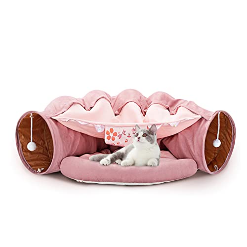 Galatée Katzenbett, Katzentunnel Mit Kissenmatte, Haustierhöhlenbett Mit 2 Hängenden Kratzbällen, Weiches Und Gemütliches Katzentunnelbett, Katzentunnel Für Indoor-Katzen(Rosa) von Galatée