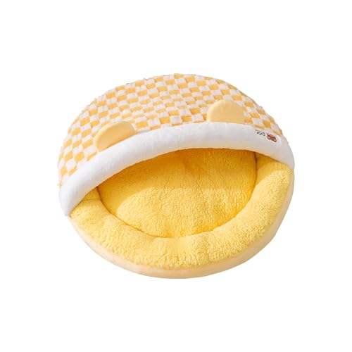 Galatée Katzenbett, Waschbares Rundes Katzenbett, Bequemes, Langlebiges Haustier-Schlafbett Mit Rutschfester Unterseite, Weiches Plüsch-Hundekissen, Haustiernest(M, Gelbes Karomuster) von Galatée