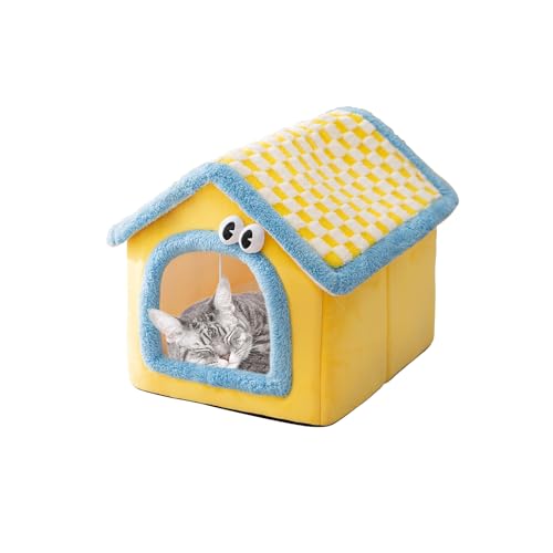 Galatée Katzenhaus, Chimney Süßes Katzenhöhlenbett, Weiches Cartoon-Haustierhaus, Warmer Katzenunterschlupf, Hundezelt Mit Abnehmbarem Kissen(S, Gelb) von Galatée
