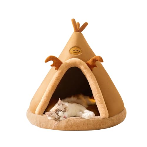 Galatée Katzenhöhlenbett, Komfortables Dreieck Haustier Tipi, Haustier Feiertagskatze Höhlenhaus Und Kitty -Bett, Extrem Gemütliches Und Warmes Haustierzelt Für Katze Und Hund(XL, Braun) von Galatée