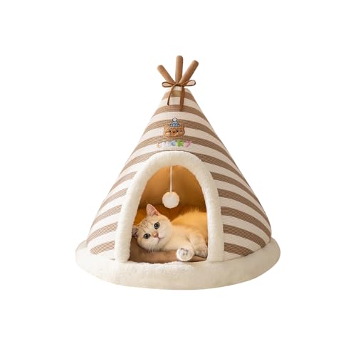 Galatée Katzenhöhlenbett, Süßes Katzenhaus-Hundeiglu Mit Abnehmbarem Kissen, Bequemes Dreieckiges Haustier-Tipi, Warmes Haustiernest Für Verbesserten Schlaf(XL, Braun) von Galatée