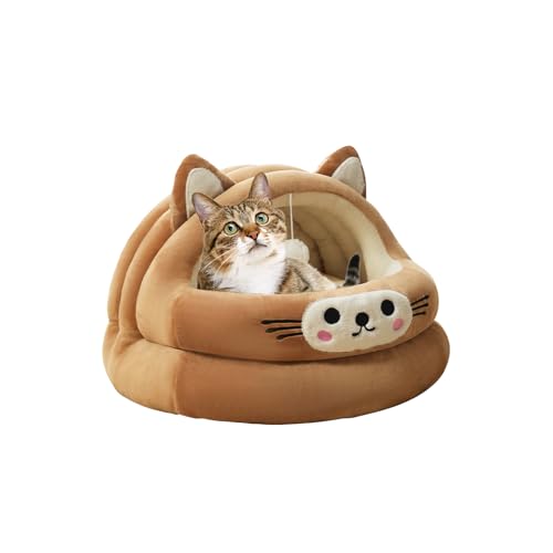 Galatée Katzenhöhlenbett, Warmes Cartoon-Katzenhaus, Hundehöhlenbett Mit Hängendem Ball, Superweiches, Beruhigendes Haustiersofa, Weiches Plüsch-Katzenbett, Haustierzelt Für Hund Und Katze(M, Braun) von Galatée