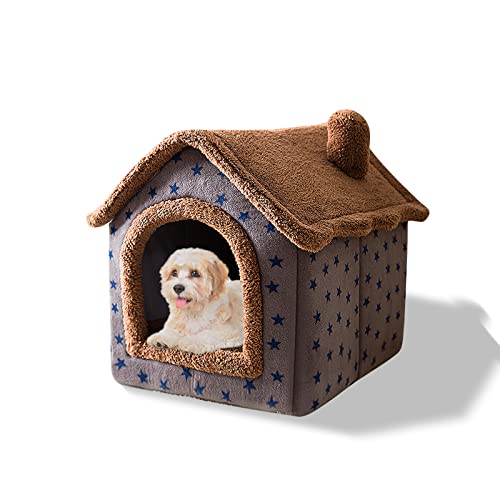 Galatée Katzenhöhlenbett, Waschbares Hundebett, Warmes Und Gemütliches Plüschkatzen-Iglu, Faltbares Komfortables Haustier-Katzenhaus, Haustierbett Mit Rutschfestem Boden(M, Braune Sterne) von Galatée