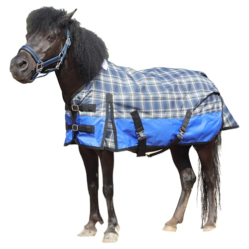 Gallopoff 600D Regendecke für Shetty & Fohlen, Wasserdicht, Winddicht, Atmungsaktiv, Reißfest, Ohne Füllung (0 g) Ponydecke Blau kariert 95 cm von Gallopoff