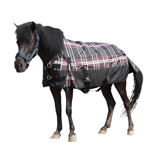 Gallopoff 600D Regendecke für Shetty & Fohlen, Wasserdicht, Winddicht, Atmungsaktiv, Reißfest, Ohne Füllung (0 g) Ponydecke Rot kariert 100 cm von Gallopoff