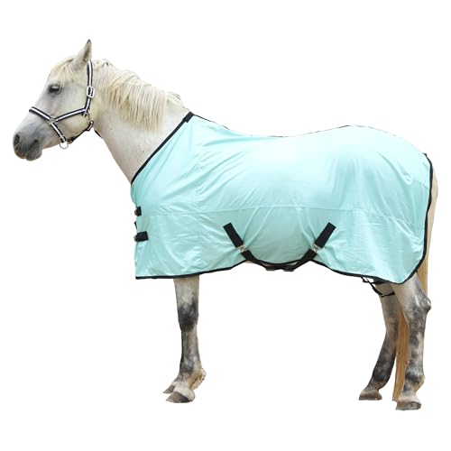 Gallopoff Fliegendecke für Pferde, atmungsaktive Sommerdecke mit UV-Schutz und Kratzschutz, mit verstellbarem Brustverschluss, Kreuzgurt und Beinschnüren Grün 140 cm von Gallopoff
