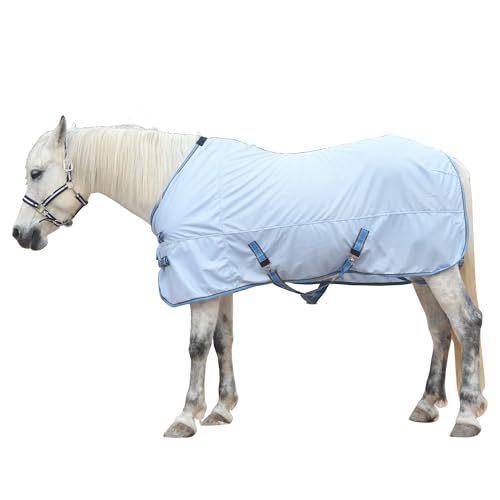 Gallopoff Fliegendecke für Pferde, atmungsaktive Sommerdecke mit UV-Schutz und Kratzschutz, mit verstellbarem Brustverschluss, Kreuzgurt und Beinschnüren Hellblau 140 cm von Gallopoff