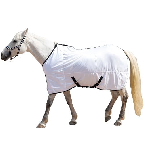 Gallopoff Fliegendecke für Pferde, atmungsaktive Sommerdecke mit UV-Schutz und Kratzschutz, mit verstellbarem Brustverschluss, Kreuzgurt und Beinschnüren Weiß 155 cm von Gallopoff