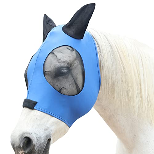 Gallopoff Pferd Fliegenmaske, Fliegenmasken für Pferde mit Ohren, Super Komfort & Dehnbare Passform Lycra Equine Fliegenmaske Blau Full von Gallopoff