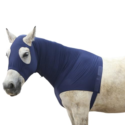 Pferdekapuze aus Stretch-Lycra-Stoff mit verstärktem Reißverschluss und verstellbarem Klettverschluss, Pferdekopf-Kapuze mit Vollgesichts-Halsabdeckung, Marineblau, Größe L von Gallopoff