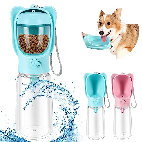 Ganata Trinkflasche Wasserflasche Hunde 550ml Wasserfutterstation Auslaufsicher,Tragbarer Welpen-Wasserspender mit 80g Futterbehälter Trinkfutterspender für Katzen Haustiere,Spaziergänge,Wandern-Blau von Ganata