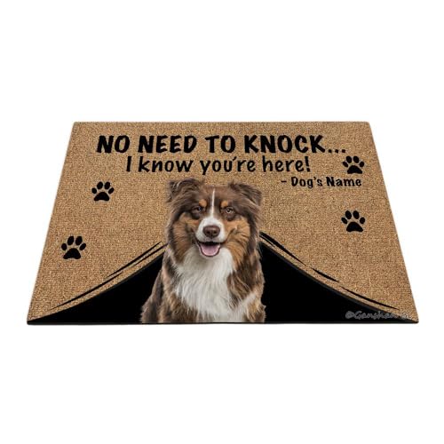 Ganshan Bi Fußmatte mit lustigem Hund, Motiv: Australischer Schäferhund, Aufschrift "No Need to Knock I Know You're Here", Geschenk für Hundeliebhaber, 60 x 40 cm, Stil 4 von Ganshan Bi