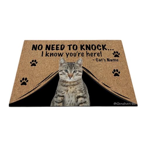 Ganshan Bi Fußmatte mit niedlicher Katze, personalisierbar, Aufschrift "No Need to Knock I Know You're Here", Geschenk für Katzenliebhaber, 60 x 40 cm, Stil 1 von Ganshan Bi