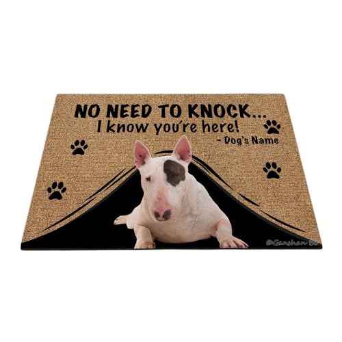 Ganshan Bi Personalisierte Fußmatte mit lustigem Bullterrier, Willkommens-Bodenmatte, kein Klopfen nötig, "I Know You're Here", Geschenk für Hundeliebhaber, 69,8 x 45 cm, Stil 1 von Ganshan Bi