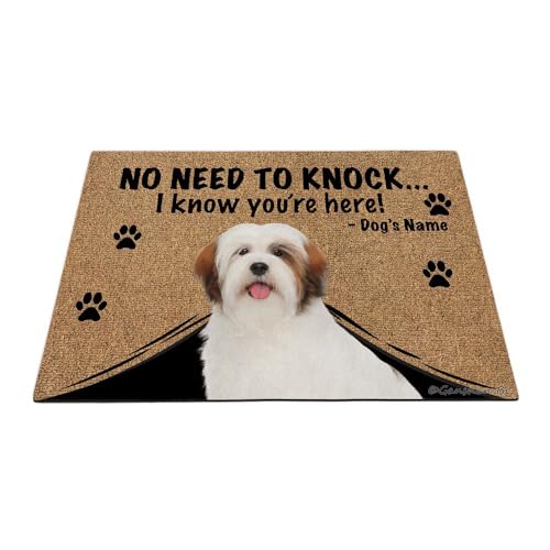 Ganshan Bi Personalisierte Fußmatte mit lustigem Hund, Lhasa Apso Willkommens-Bodenmatte, kein Klopfen nötig, I Know You're Here Geschenk für Hundeliebhaber, 59,9 x 40,9 cm, Stil 3 von Ganshan Bi