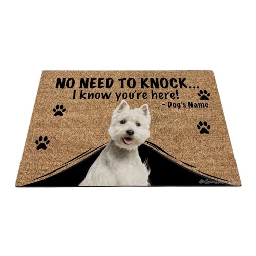 Ganshan Bi Personalisierte Fußmatte mit lustigem Hund, West Highland White Terrier, Westie, Willkommens-Fußmatte, kein Klopfen nötig, I Know You're Here Geschenk für Hundeliebhaber, 69,8 x 45 cm, Stil von Ganshan Bi