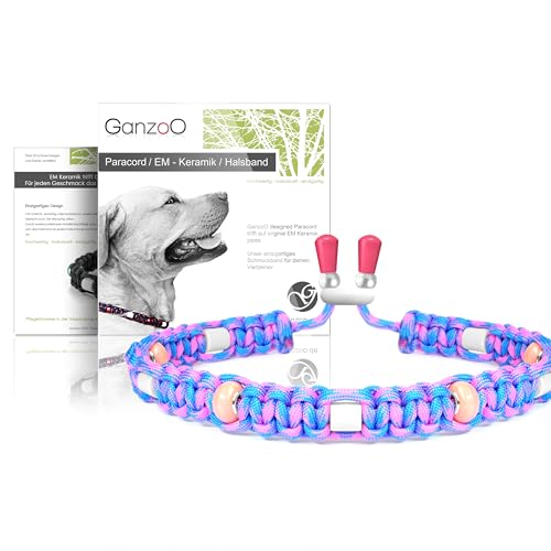 Ganzoo EM Keramik Hunde-Halsband/Paracord 550 Halsband mit Zier-Perlen und EM Tubes/EM Pipes/Größe M 43-51 cm/Dog Collar/verstellbar mit Kordelstopper/Farbe Hortensie von Ganzoo