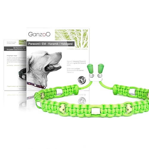 Ganzoo EM Keramik Hunde-Halsband/Paracord 550 Halsband mit Zier-Perlen und EM Tubes/EM Pipes/Größe S 33-42 cm/Dog Collar/verstellbar mit Kordelstopper/Farbe Apfelgrün Pfote von Ganzoo