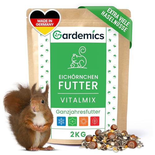 Gardemics Eichhörnchen Futter mit extra vielen Haselnüssen [2kg] I Artgerechtes Eichhörnchenfutter ohne Erdnüsse I Ganzjahresfutter für Eichhörnchen & Streifenhörnchen von Gardemics