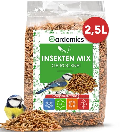 Gardemics Premium Insektenmix 2,5 Liter - Mit Mehlwürmer getrocknet, Soldatenfliegenlarven getrocknet & Gamarus für Vögel - Vogelfutter, Igelfutter, Insektenfutter für Wildvögel, Gartenvögel von Gardemics