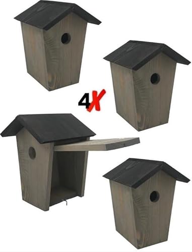 Garden Spirit Vogelhaus Set 4 Stück für kleine Vögel, Holz, Grau mit Schwarz, 18x19x24 cm, inkl. 7-teiligem Vogel-Futterset von Garden Spirit