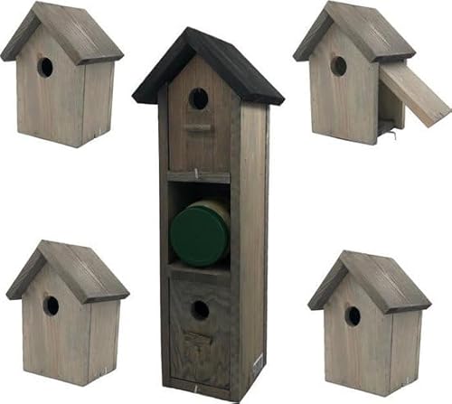 Garden Spirit Vogelhaus Set – 5 Nistkästen aus Holz mit Pindakaushalter, für kleine Vögel, FSC-Zertifiziert, grau mit schwarzem Dach, einfache Reinigung und Montage von Garden Spirit