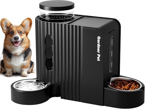 Gardner Pet Automatischer Futterspender für Katzen/Hunde 2 Näpfe(6L*2), Futterautomat Katze und Wasserspender Hund mit Edelstahlschüssel, Ohne Strom, BPA Frei, Gravitation Katzenfutter Automat Schwarz von Gardner Pet