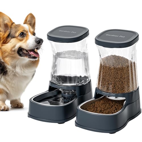 Gardner Pet Futter- und Wasserspender Satz (3.85L*2), Automatischer Futterautomat Katze mit Edelstahlschüssel, Gravitation Wasserspender Katzen Kein Strom Erforderlich, Stabiles Design, BPA Frei, Grau von Gardner Pet