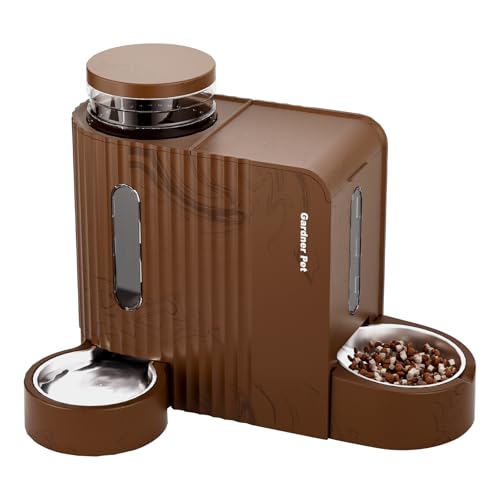 Gardner Pet Automatischer Futterspender für Katzen/Hunde 2 Näpfe(3L*2), Futterautomat Katze und Wasserspender Hund mit Edelstahlschüssel, Ohne Strom, BPA Frei, Dunkle Holzmaserung von Gardner Pet